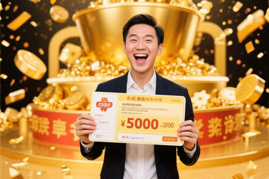 一名中奖者高兴地展示中奖通知，背景有金色奖池和庆祝气氛