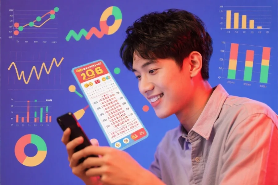 一位年轻用户专注分析手机上的彩票走势图，周围有数据可视化图形，氛围积极、轻松